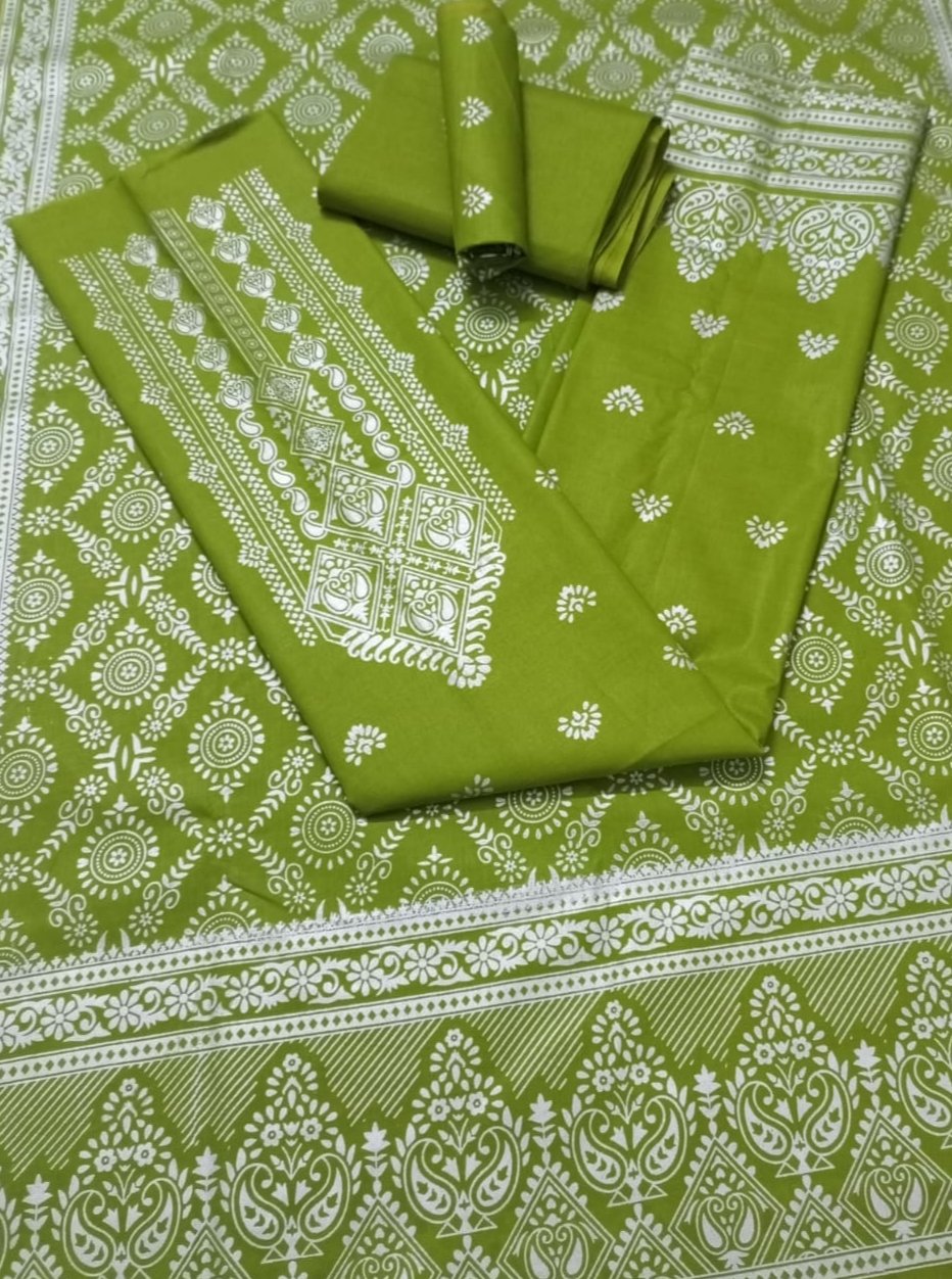 কাতান স্ক্রিন প্রিন্ট থ্রি পিস (সাদা গ্লিটার)- P0388